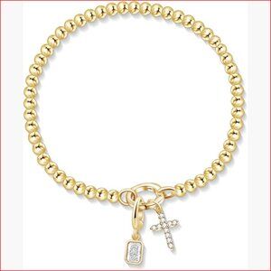 14K Gold Plated Cross Birthstone Bracelet, Stretchable Elastic Beaded